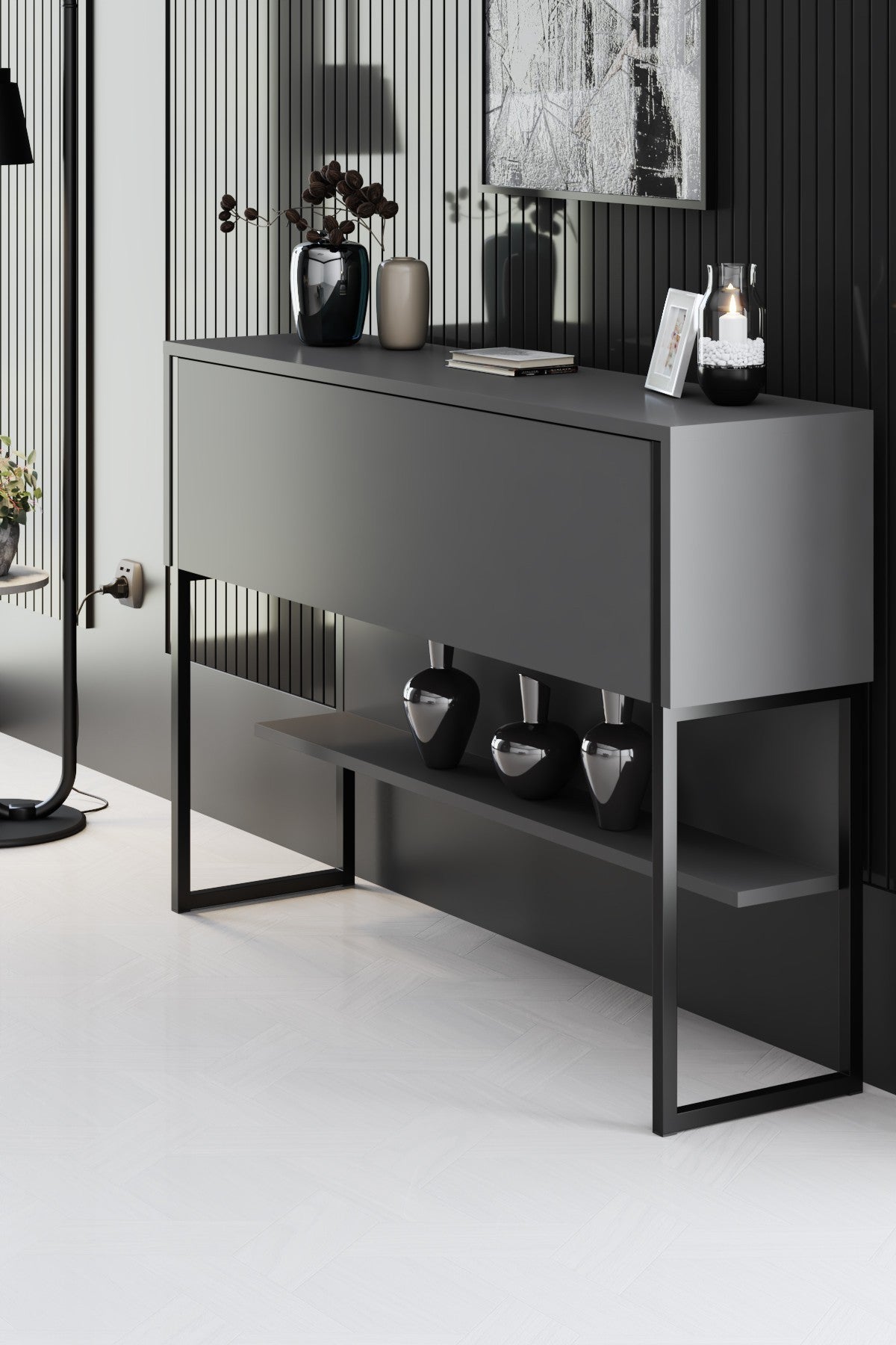 Buffet Moderne Anthracite Luxe 120x80x30 - Cadre Noir - Une Étagère