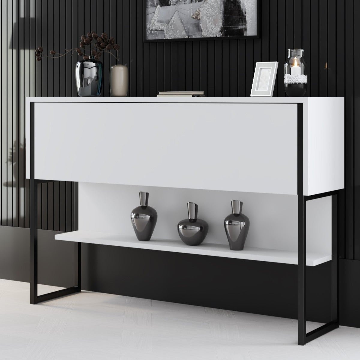 Buffet Moderne Blanc Luxe 120x80x30 - Cadre Noir - Une Case