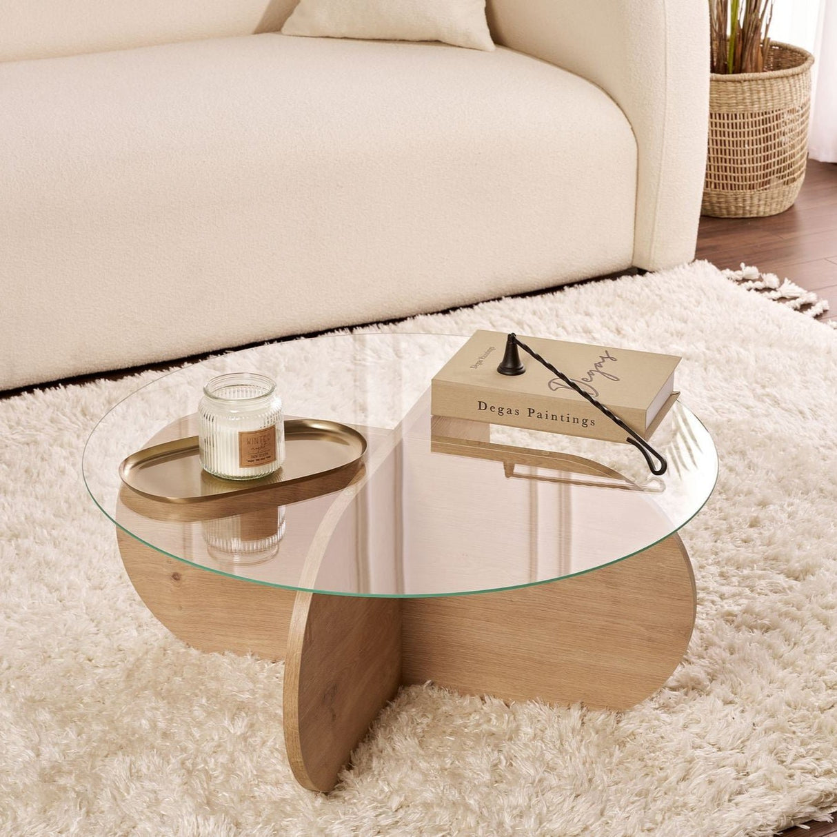Table basse Aris ronde 75 cm en verre - Mélamine chêne