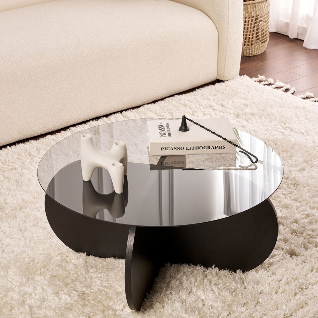 Table basse Aris ronde 75 cm en verre teinté - piètement noir