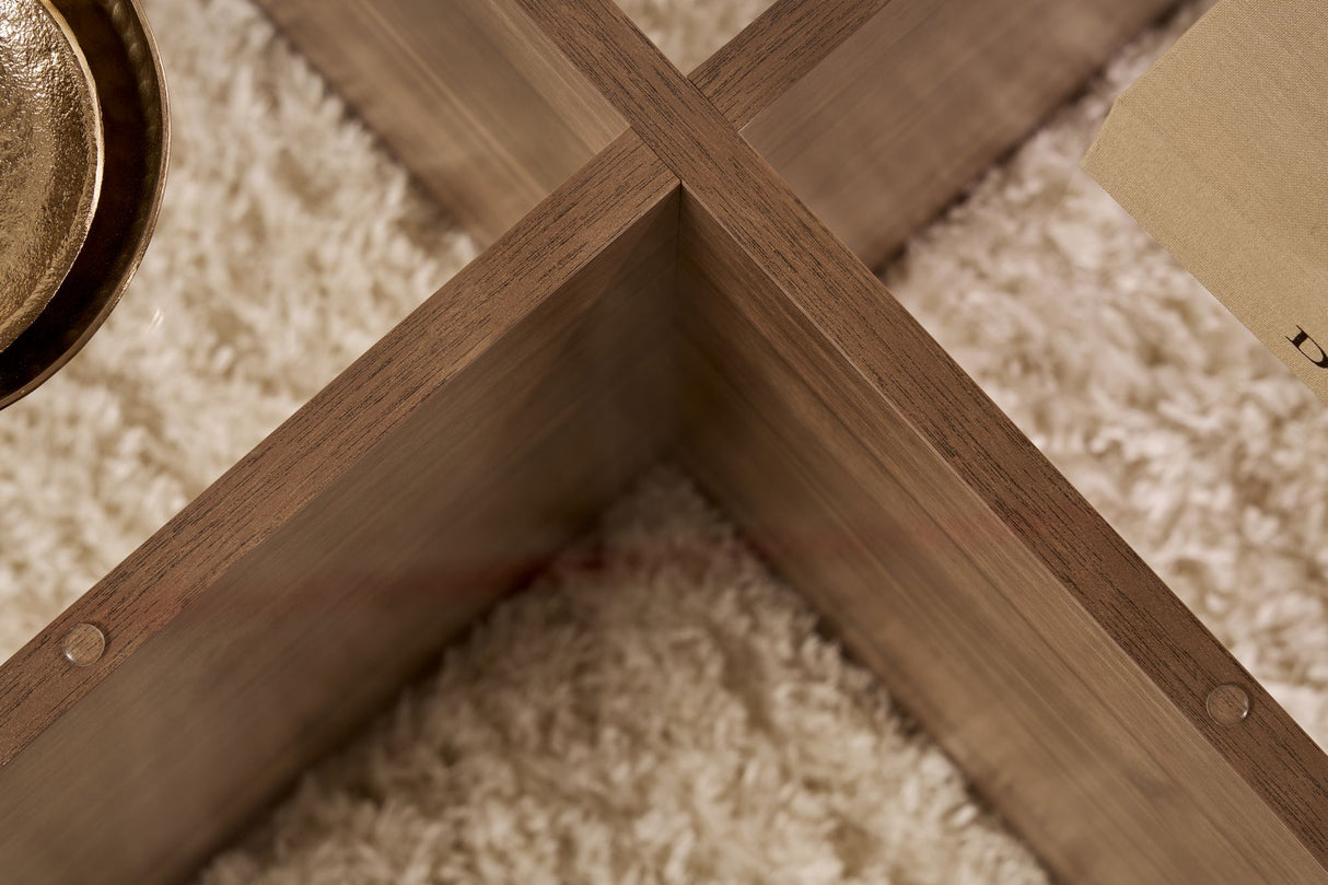 Table basse ronde en verre Aris - Piètement en mélamine noyer