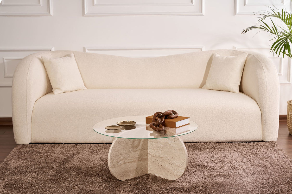 Table basse Aris ronde 75 cm en verre - Piètement en travertin