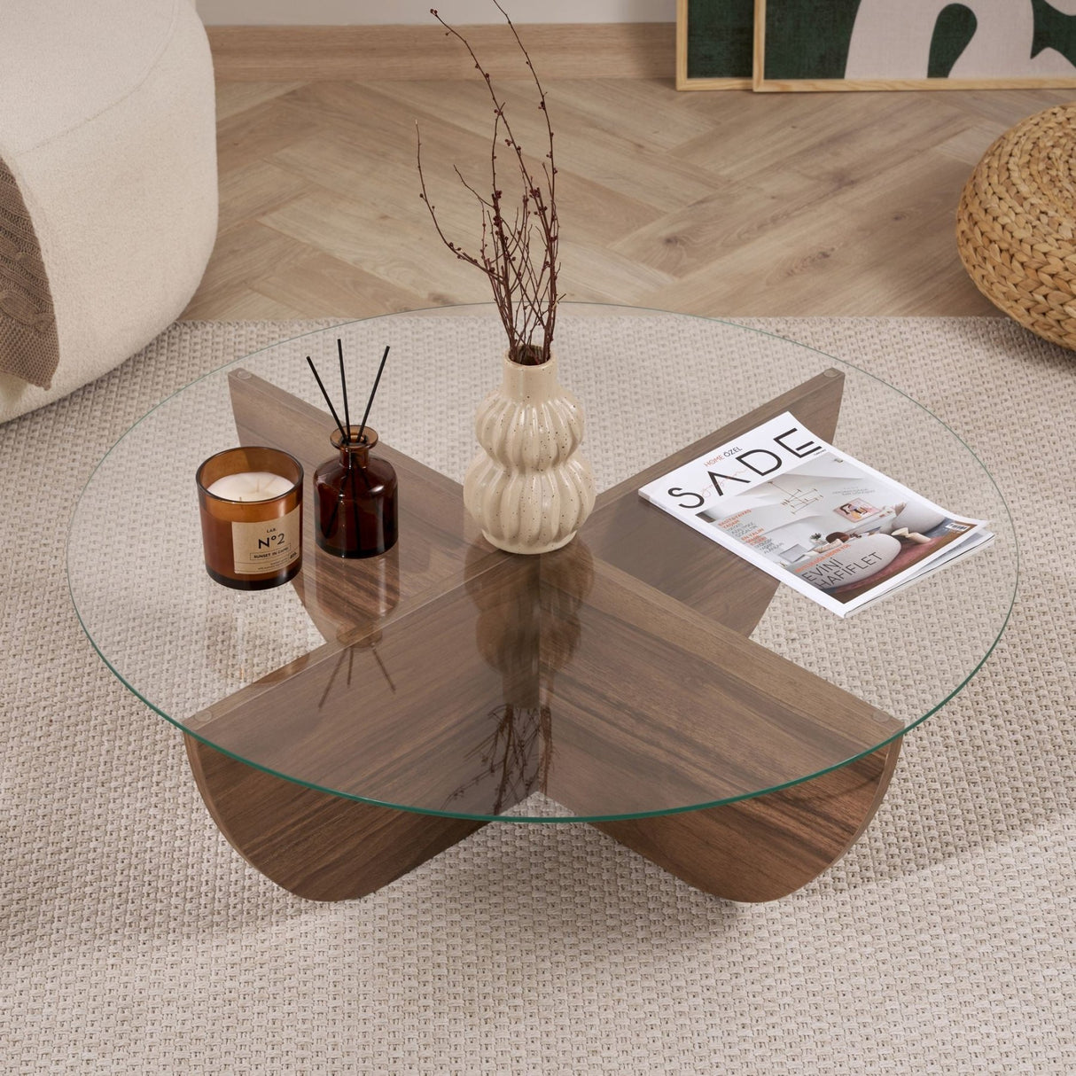 Liya salontafel walnoot ovaal 90 cm Gehard glas