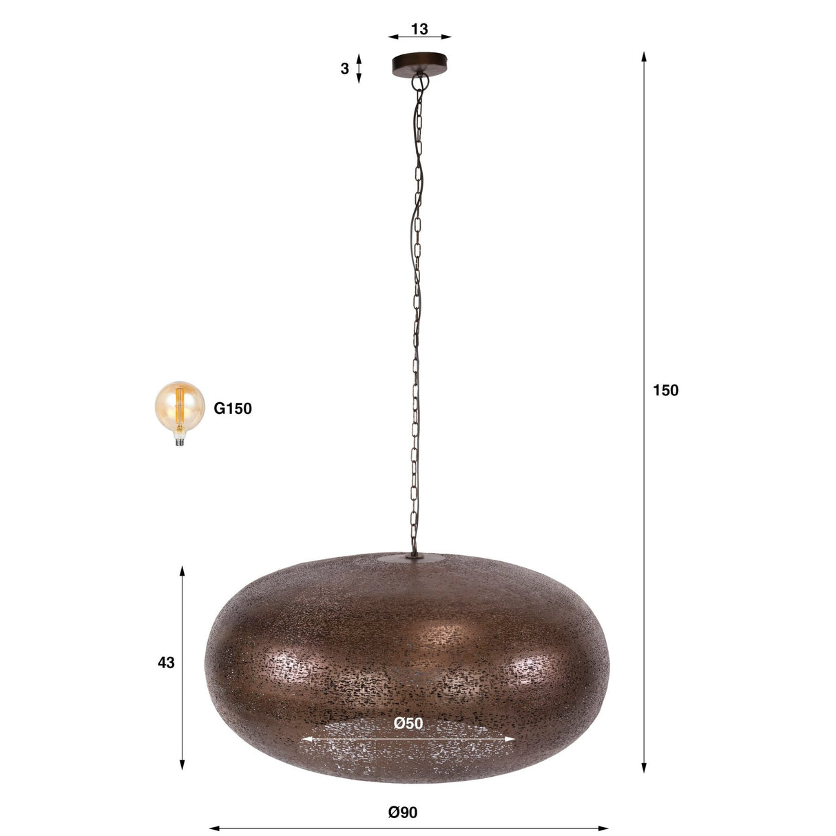 Lampe suspendue 1 lumière cuivre antique Chase Ø90 cm