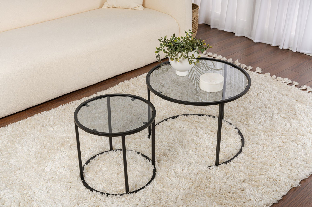 Ensemble de tables basses de 2 en verre rond - cadre noir - 60, 42 cm