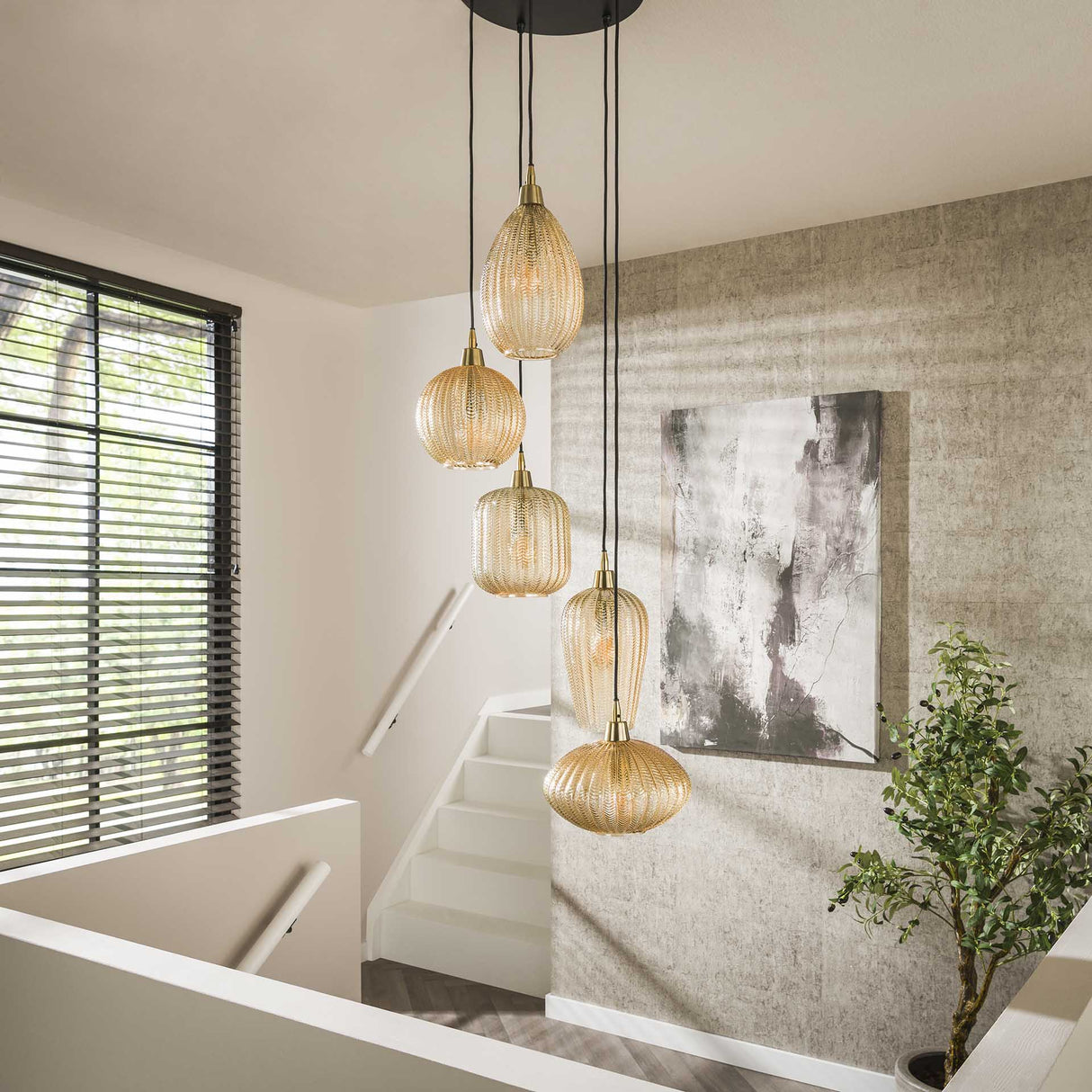 Suspension en verre Olaf 5 lumières ambre or