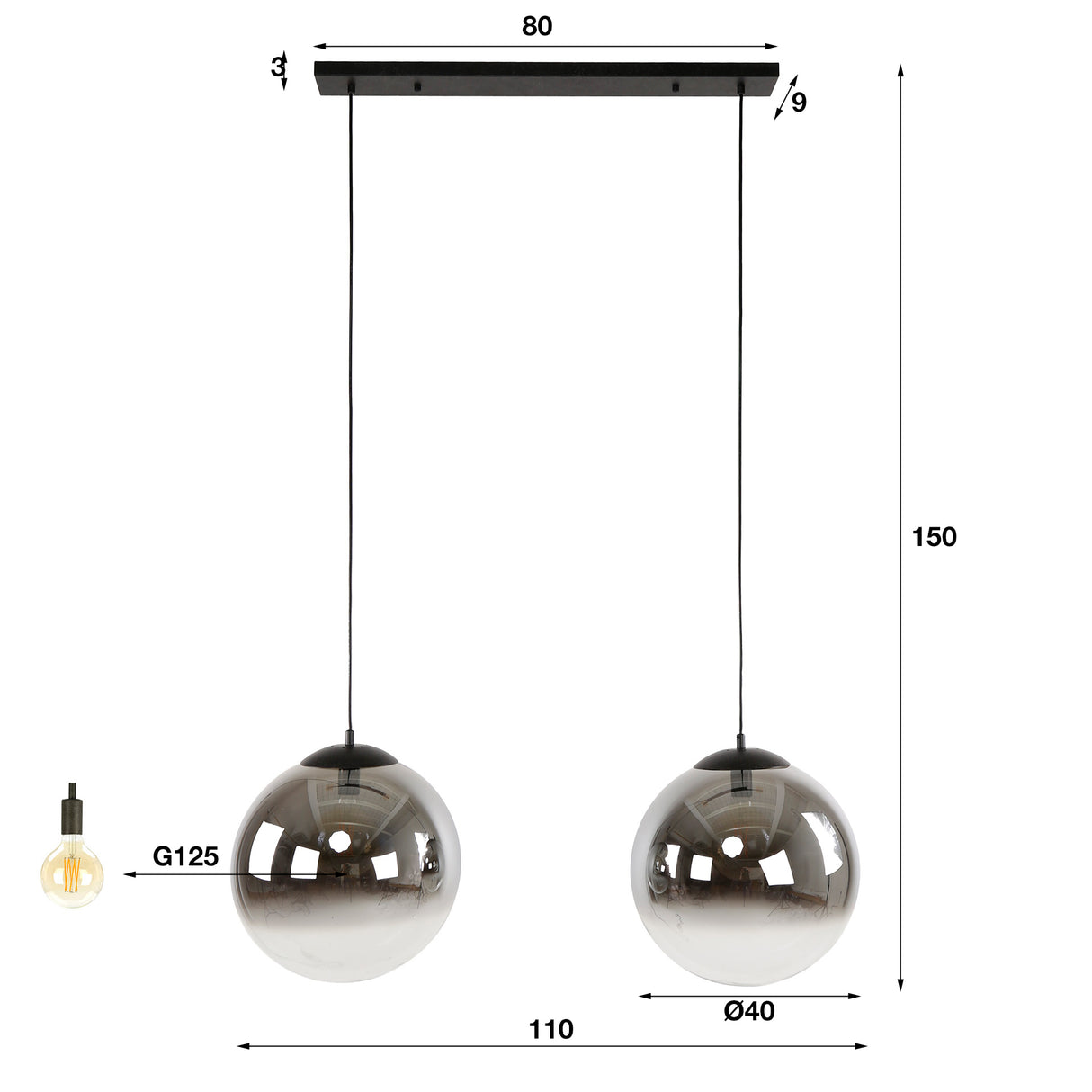 Lampe Suspendue Moderne Boule Ronde Juliette 2-lumières verre fumé