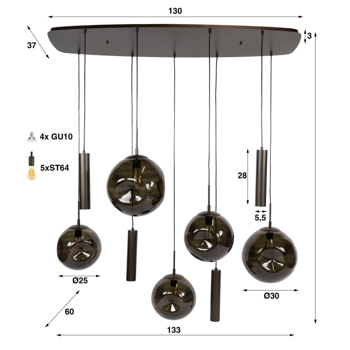 Lampe à suspension Stellar marron sienne avec 9 points lumineux