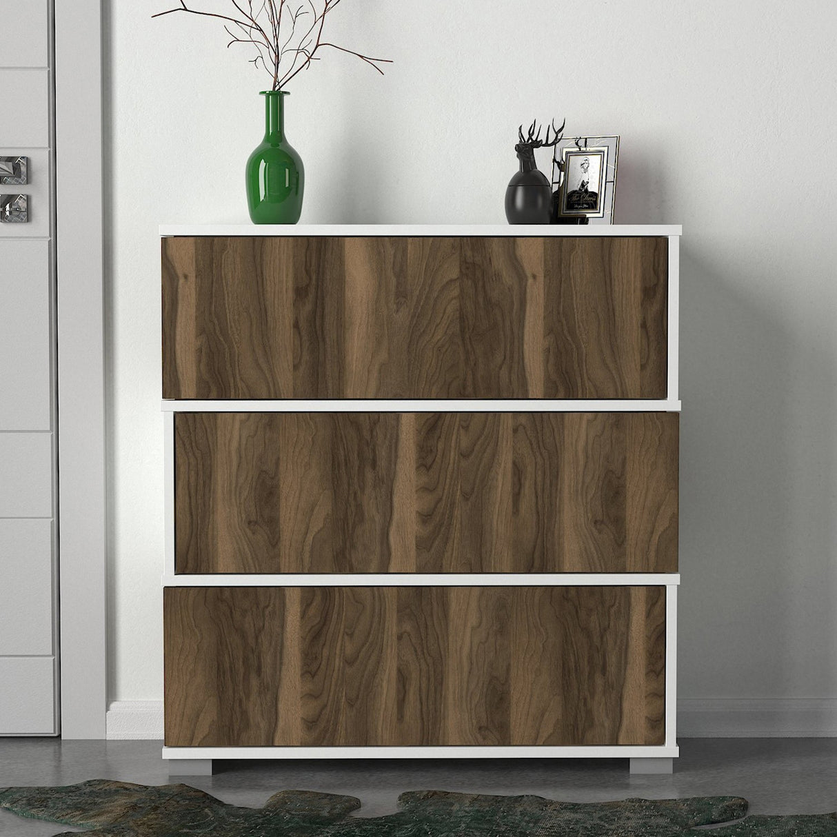 Cabinet à chaussures napolyon blanc noyer mélamine 90x93x30 cm