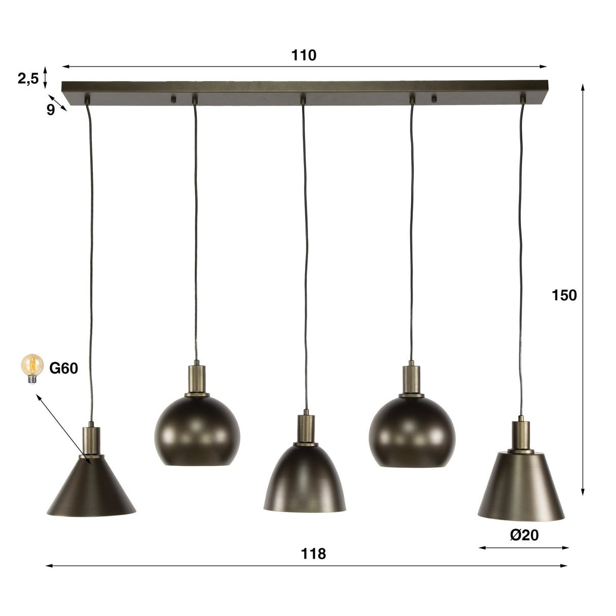 Suspension Sienna 5 lumières Industriel - Marron 120 cm