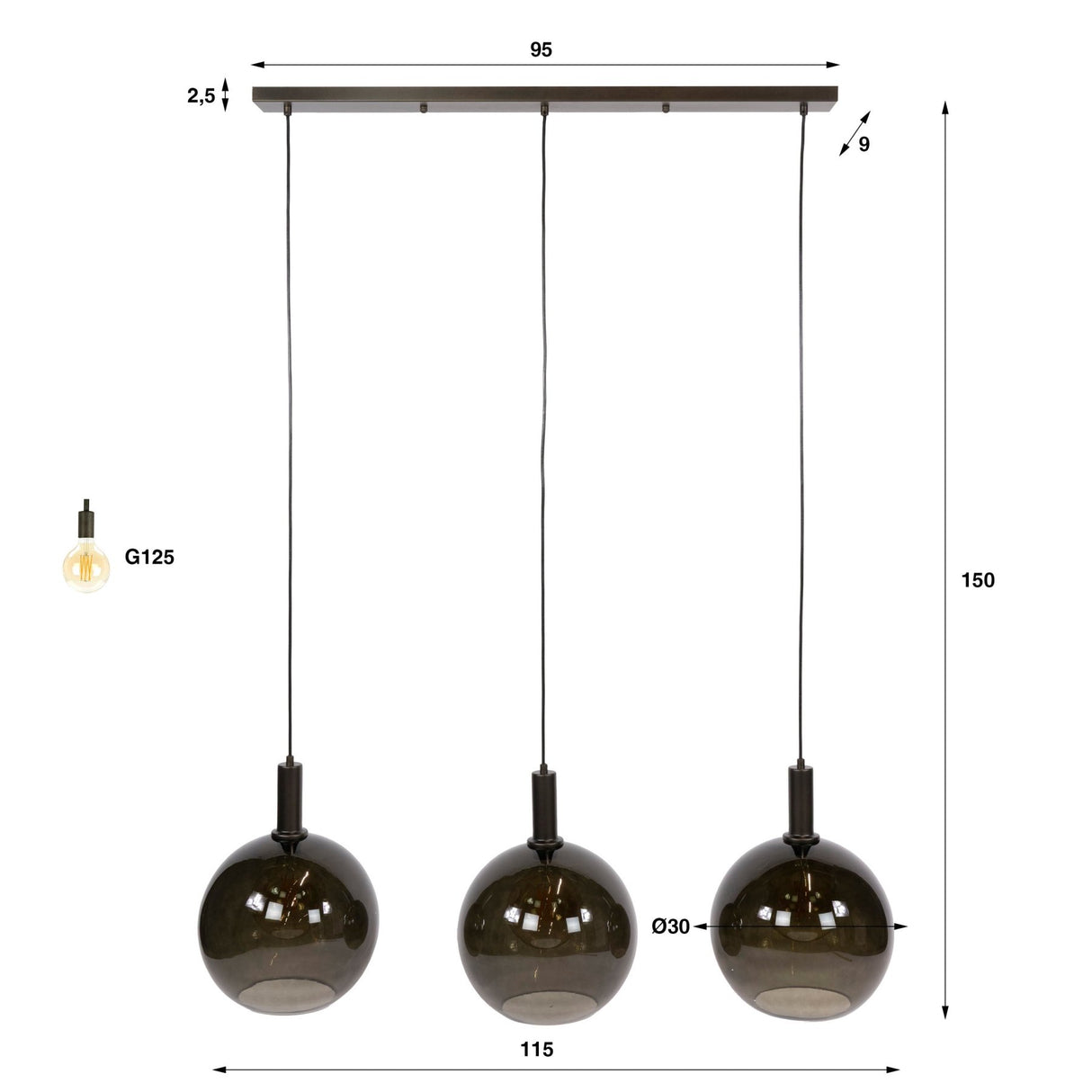 Suspension Nero Trio 3 lumières Métal Noir 115 cm