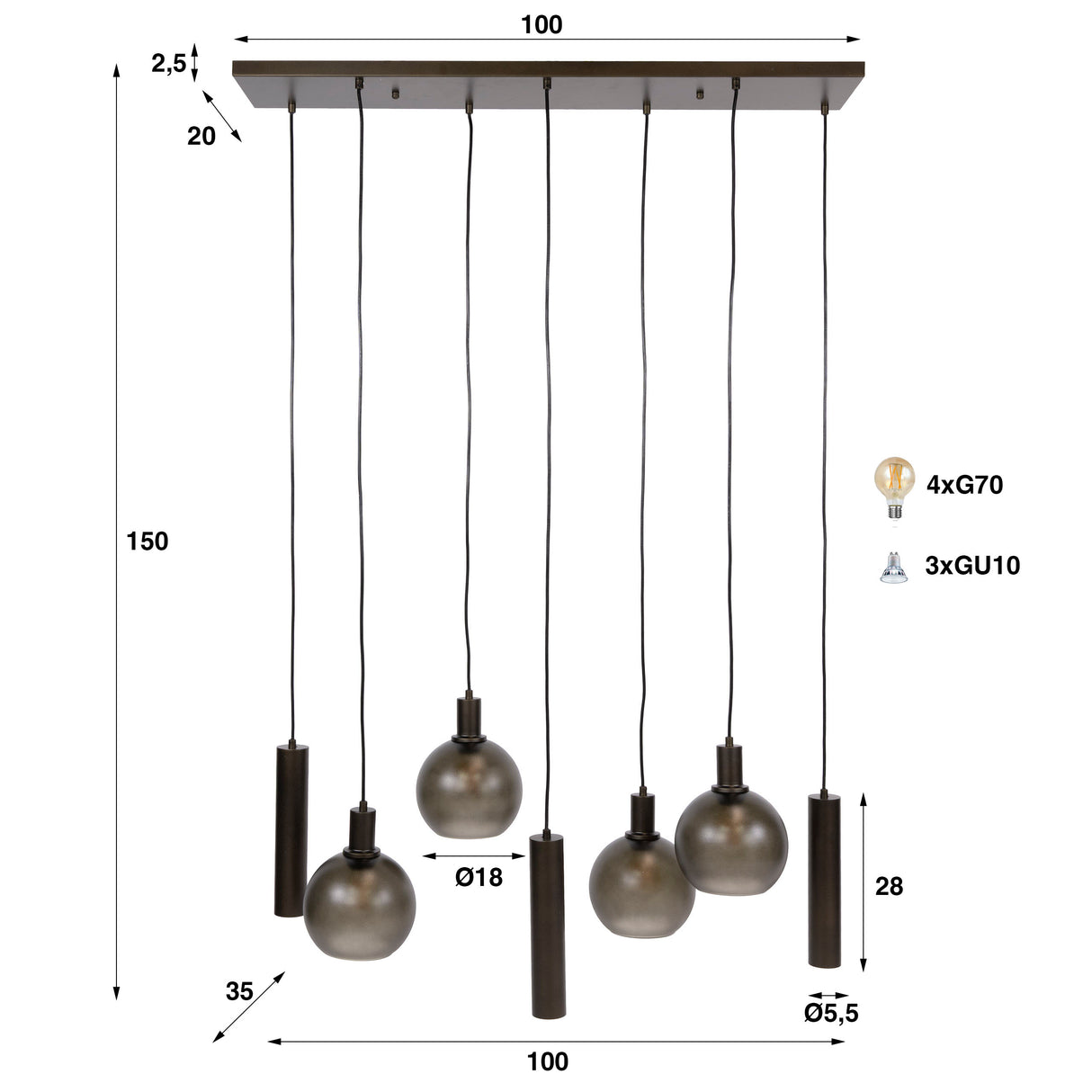 Suspension Orion 7 lumières – Métal Noir – 110 cm