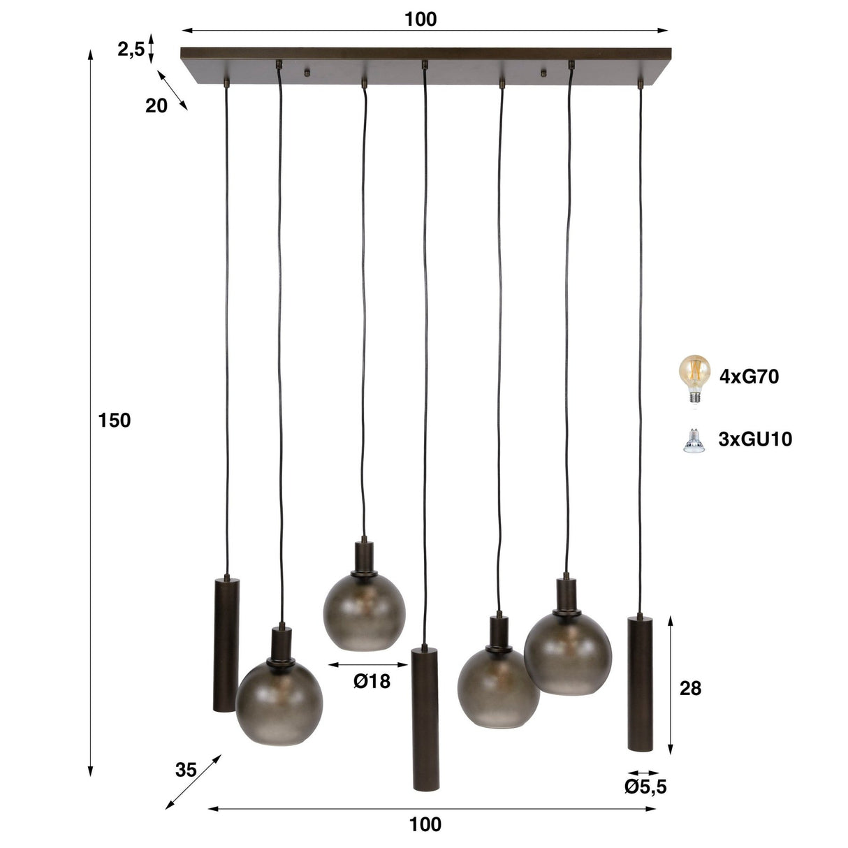 Lampe suspendue 7 lumières marron verre dépoli bronze métal Valeo 110 cm