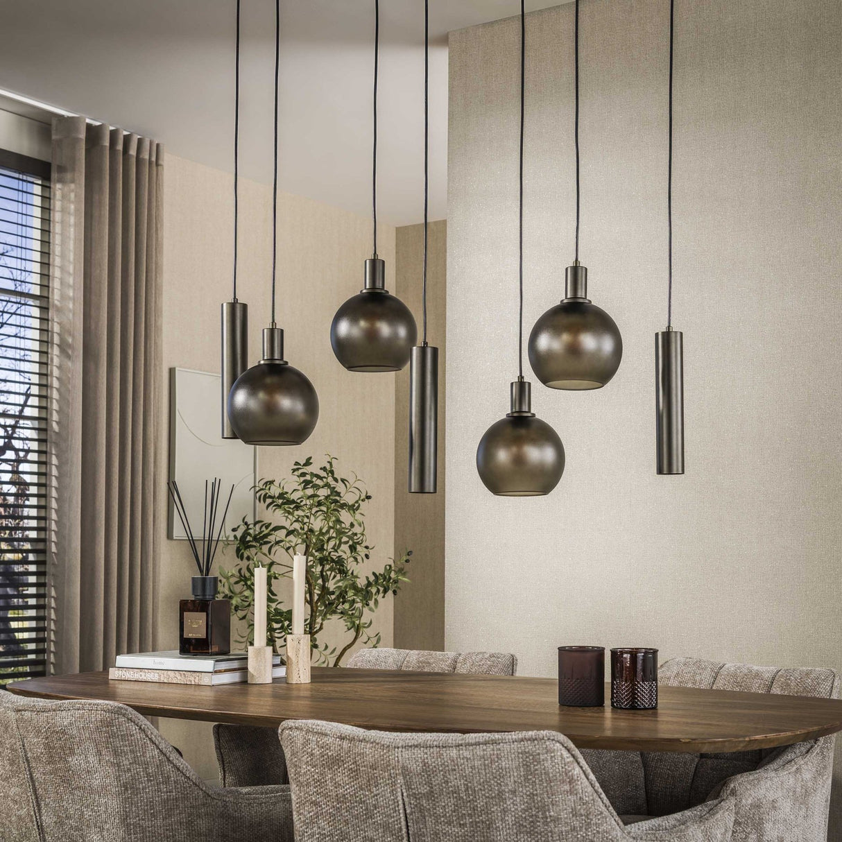 Lampe suspendue 7 lumières marron verre dépoli bronze métal Valeo 110 cm