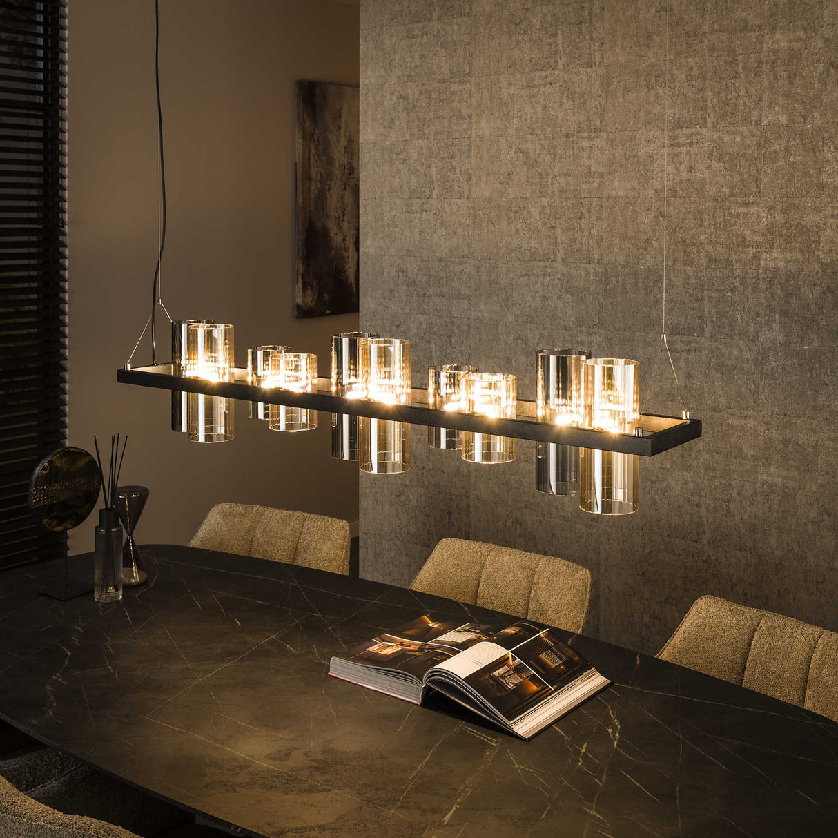 Lampe suspendue Khai 10 lumières cylindre verre mixte