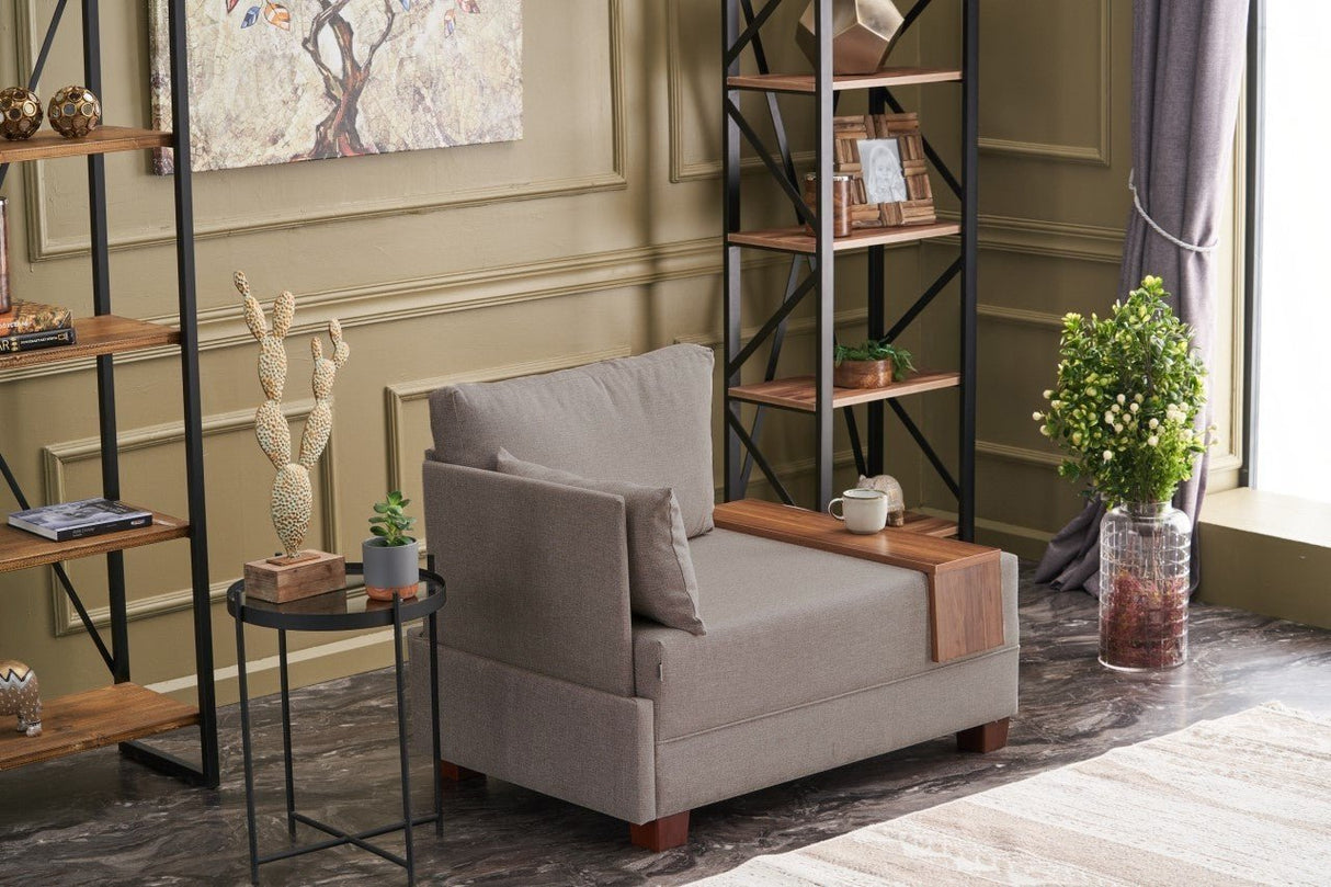 Fauteuil Moderne Tissu Beige Fly - Gauche - Avec Table En Bois