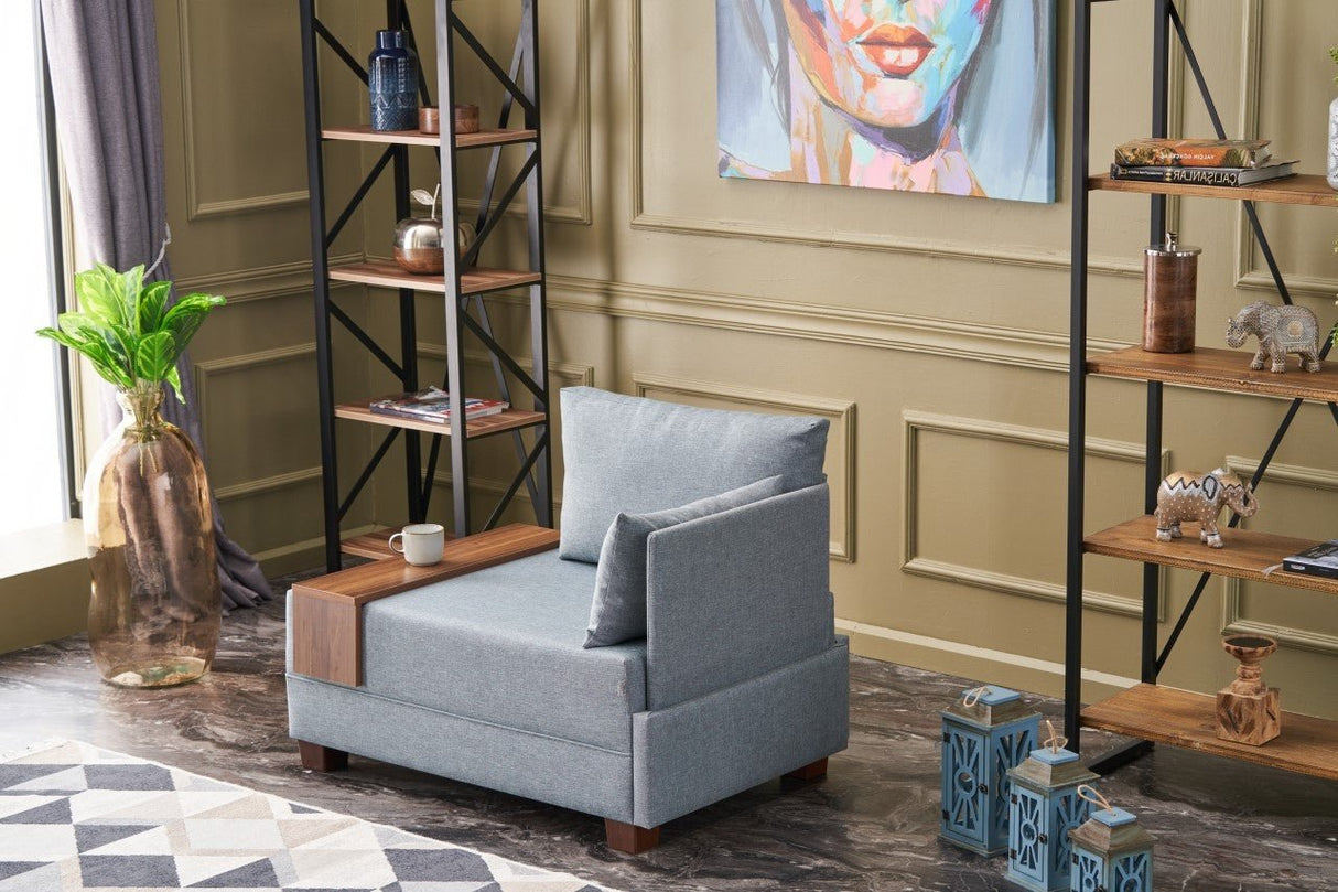 Fauteuil Moderne Tissu Bleu Fly - Droite - Avec Table En Bois
