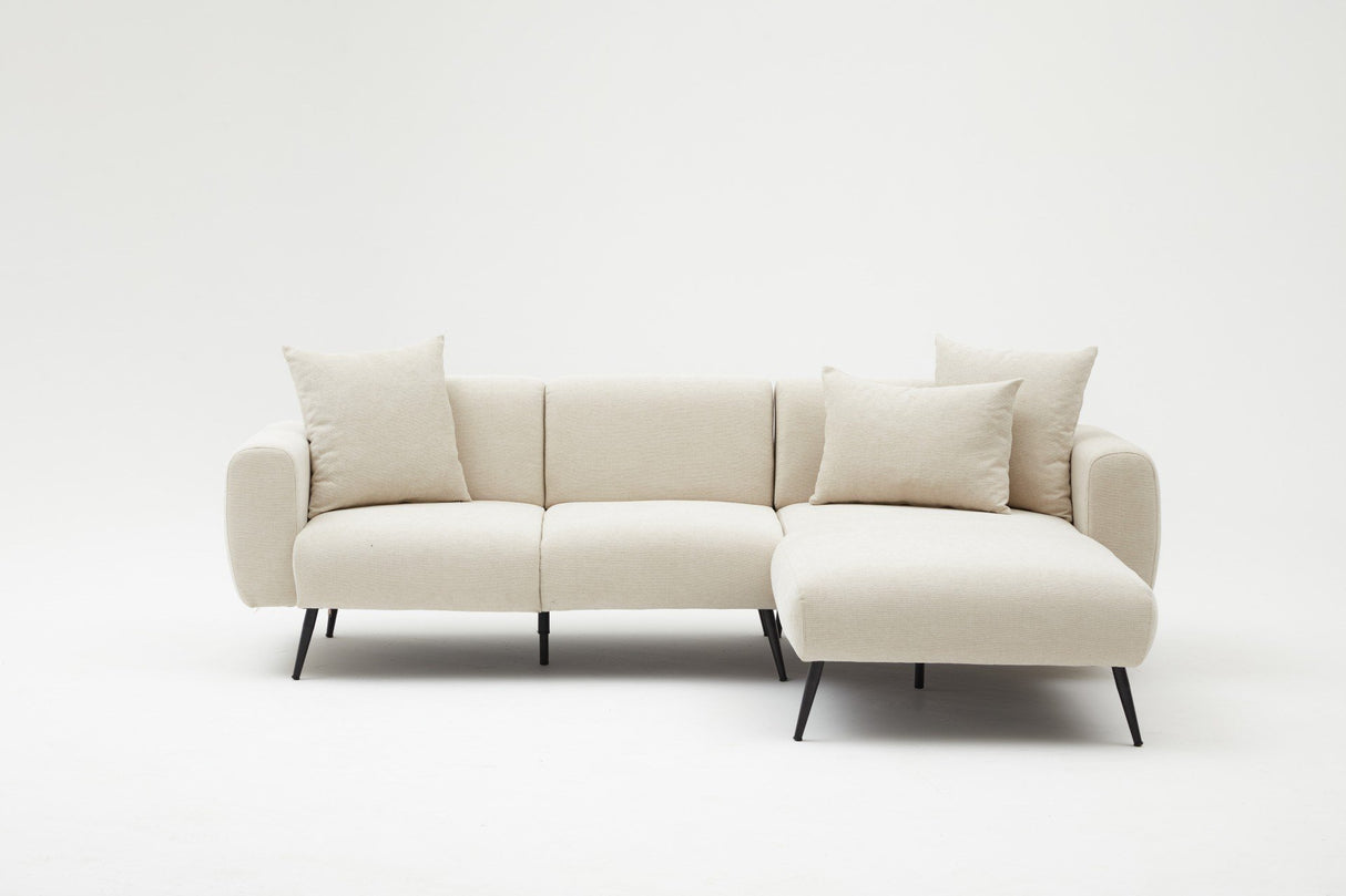 Canapé d'angle tissu crème - Pieds hauts fins - Intérieur uni - 252 x 155 cm - Côté