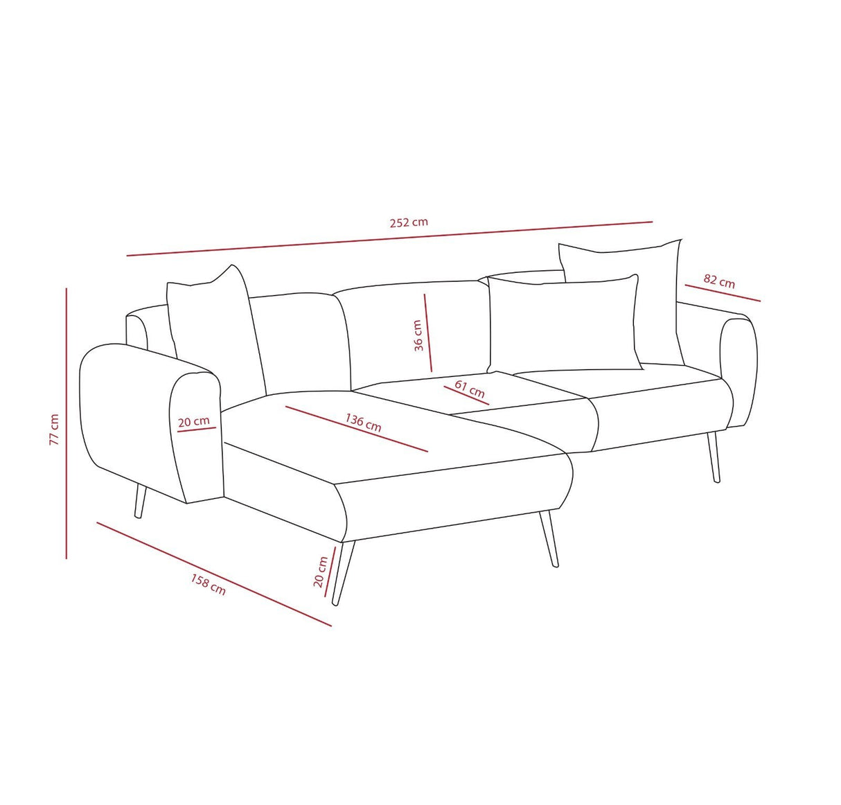 Canapé d'angle tissu crème - Pieds hauts fins - Intérieur uni - 252 x 155 cm - Côté