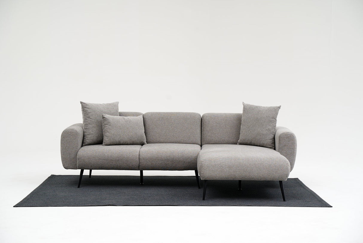 Canapé d'angle tissu gris - Pieds hauts fins - Intérieur uni - 252 x 155 cm - Côté