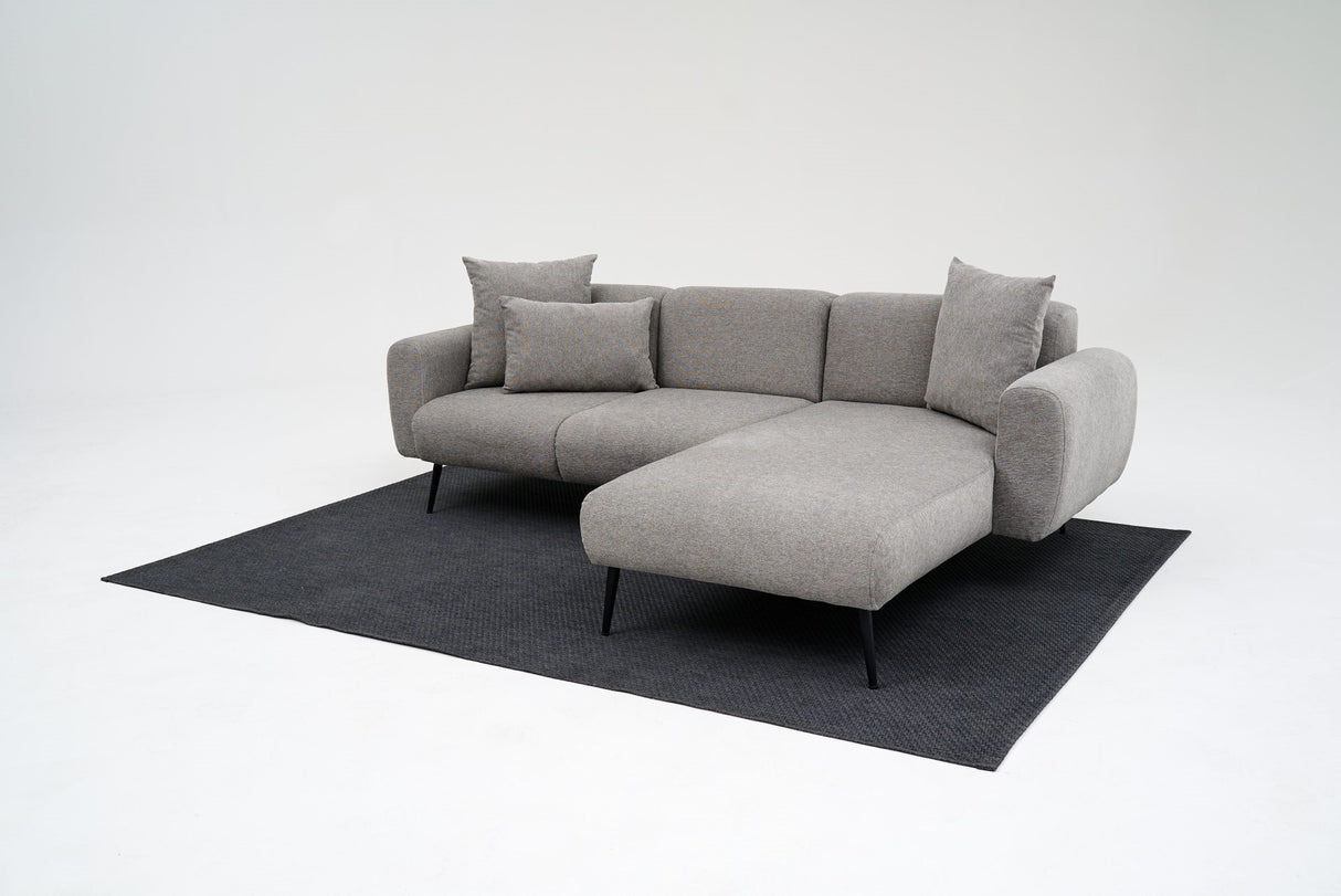 Canapé d'angle tissu gris - Pieds hauts fins - Intérieur uni - 252 x 155 cm - Côté