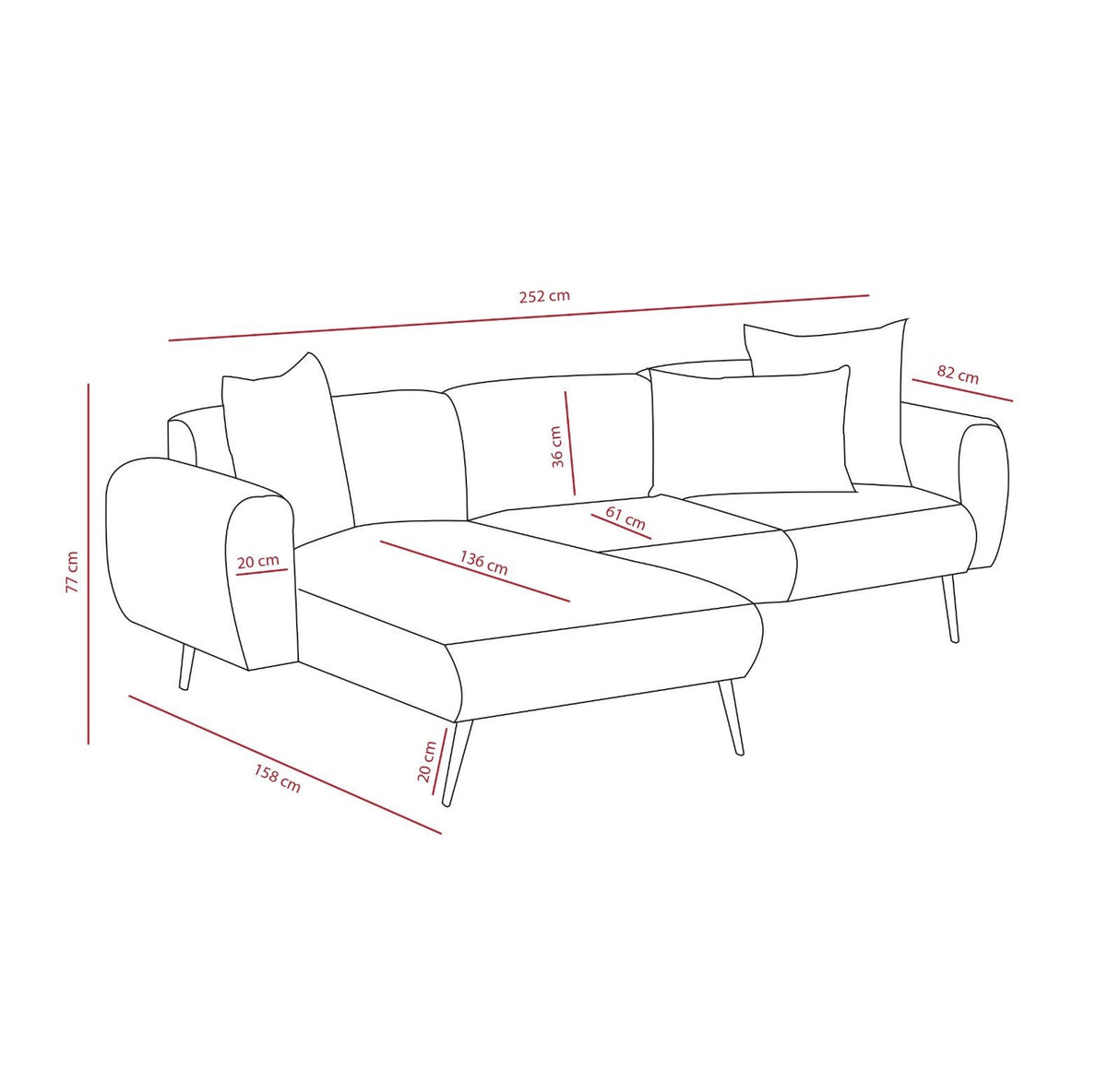 Canapé d'angle tissu gris - Pieds hauts fins - Intérieur uni - 252 x 155 cm - Côté