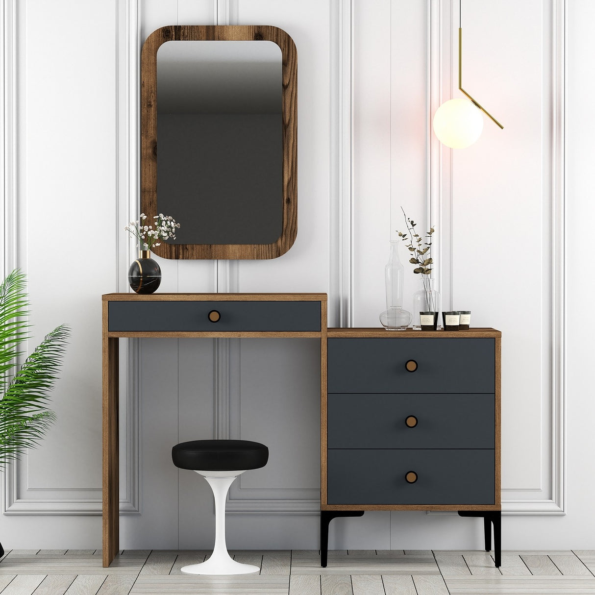 Ladekasten - Ladekast Kaptafel Lizbon Walnoot Antraciet Melamine 124x84,7x40 cm - Dimehouse