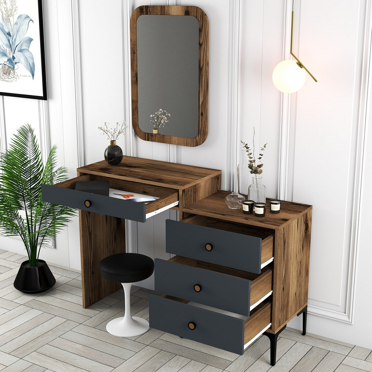 Ladekasten - Ladekast Kaptafel Lizbon Walnoot Antraciet Melamine 124x84,7x40 cm - Dimehouse