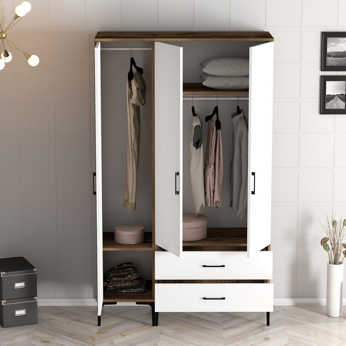 Kledingkasten - Kledingkast Kumual PT Walnoot Wit Melamine 120x47,5x201,4 cm - Dimehouse