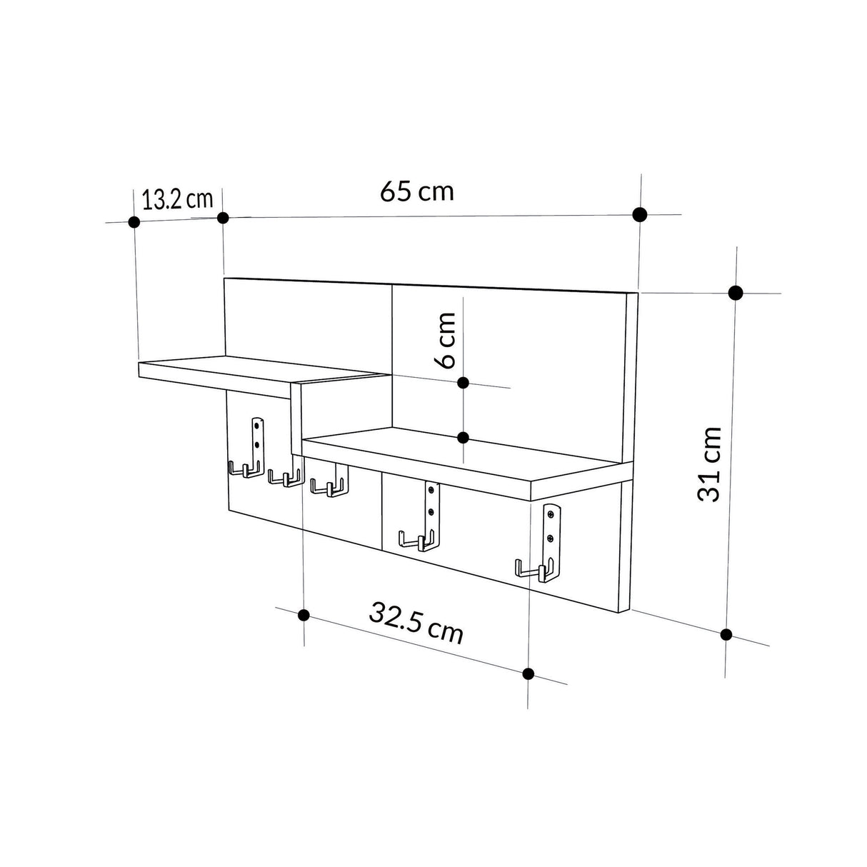 Cintre 5 crochets Blanc, Mélamine en chêne - 65 cm