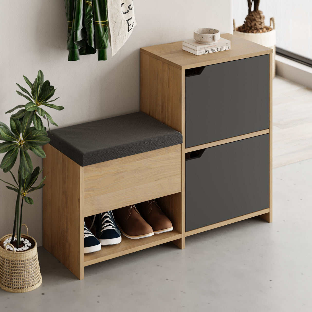 Schoenenkasten - Schoenenkast Haven Antraciet Eik Melamine 101,5x80,5x35,5 cm - Dimehouse
