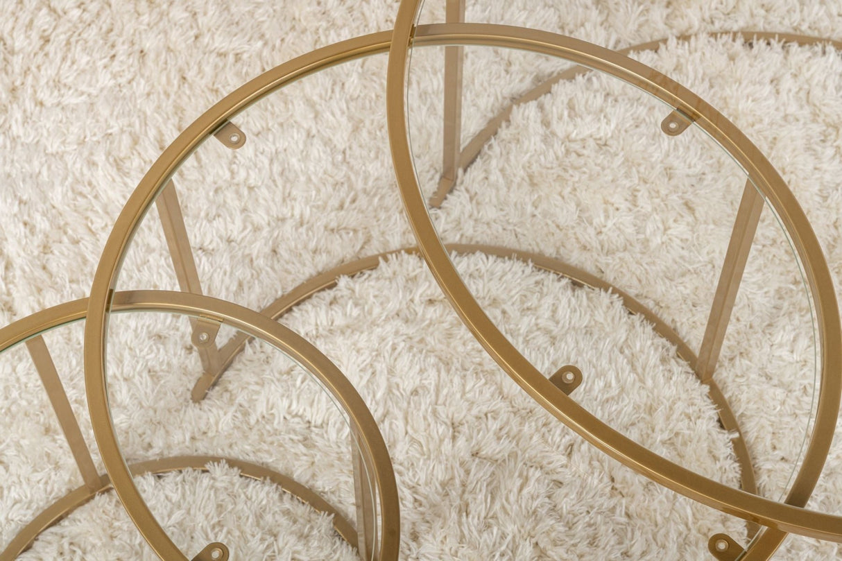 Ensemble de tables basses rondes modernes en Uru or - Verre transparent - 80/60/42 cm