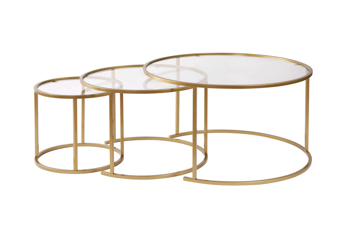 Ensemble de tables basses rondes modernes en Uru or - Verre transparent - 80/60/42 cm