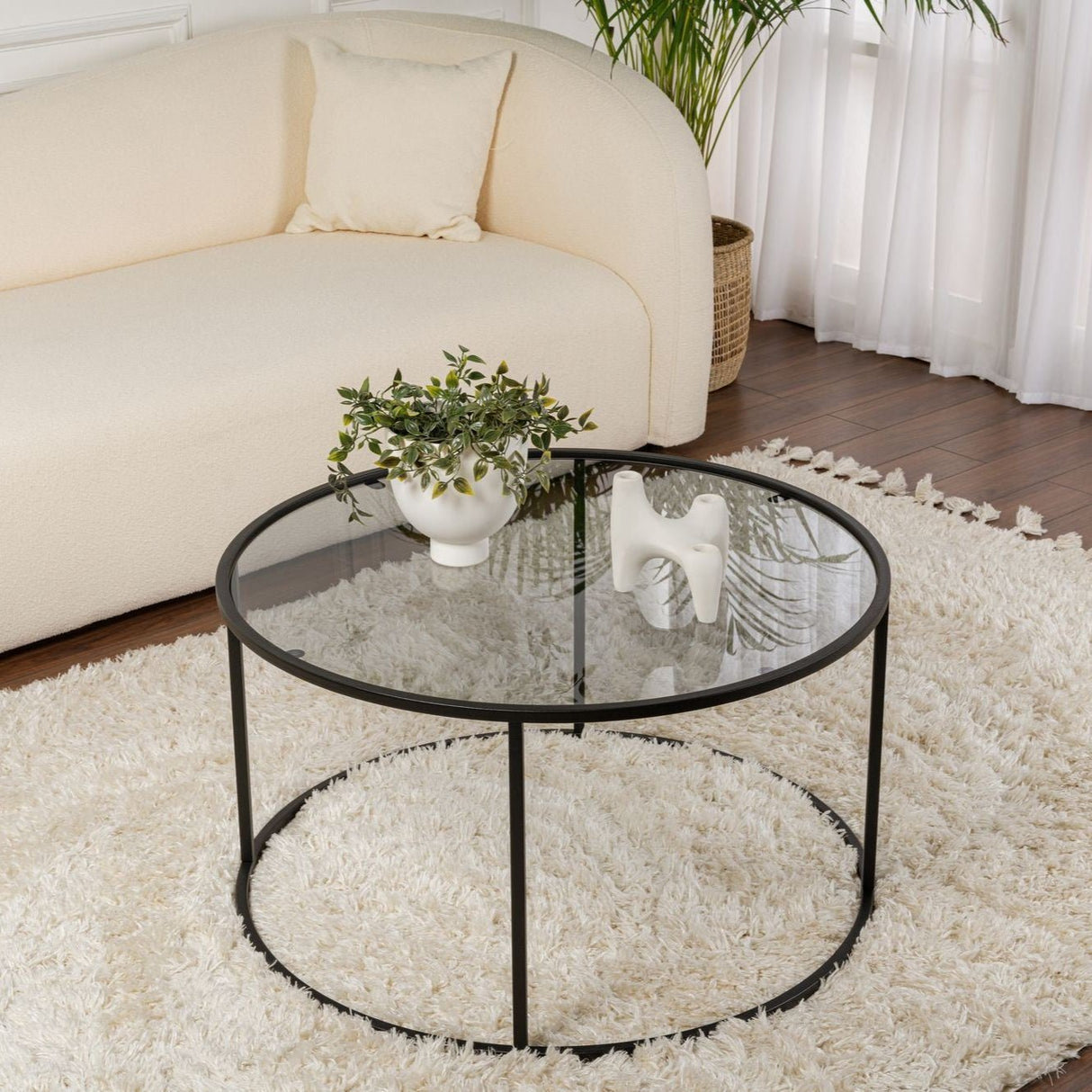 Table basse ronde moderne Uru Noir - Verre Gris - 80 cm
