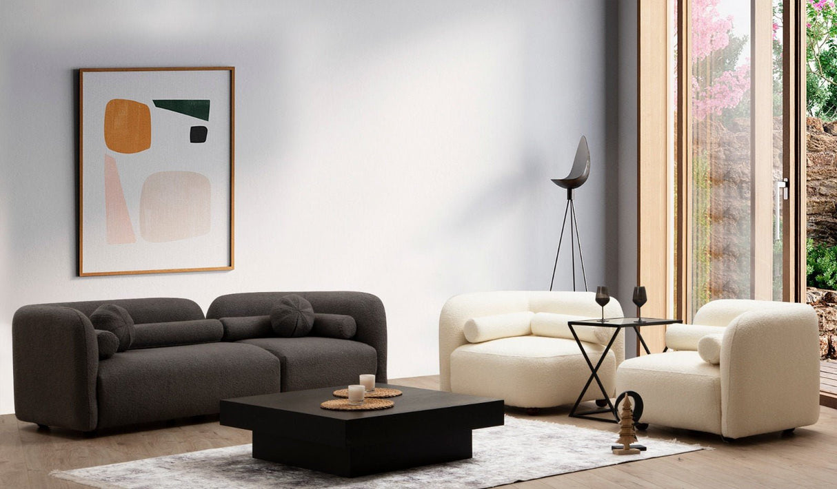Fauteuil Japandi bouclé beige avec pied en noyer Victoria