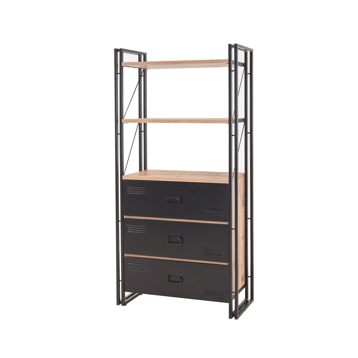 Boekenkasten - Industriële boekenkast met lades dennenhout melamine zwart metaal Cosmo 90x180x35 cm - Dimehouse