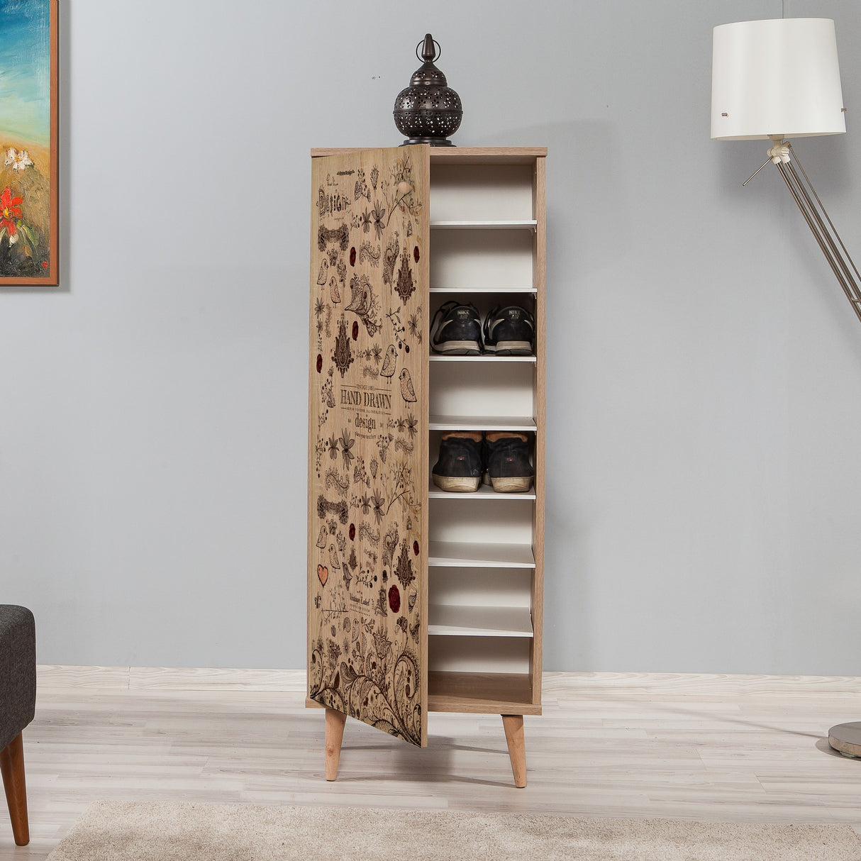 Schoenenkasten - Schoenenkast Filinta Sonoma Eik Tekening Melamine 50x135x38 cm - Dimehouse