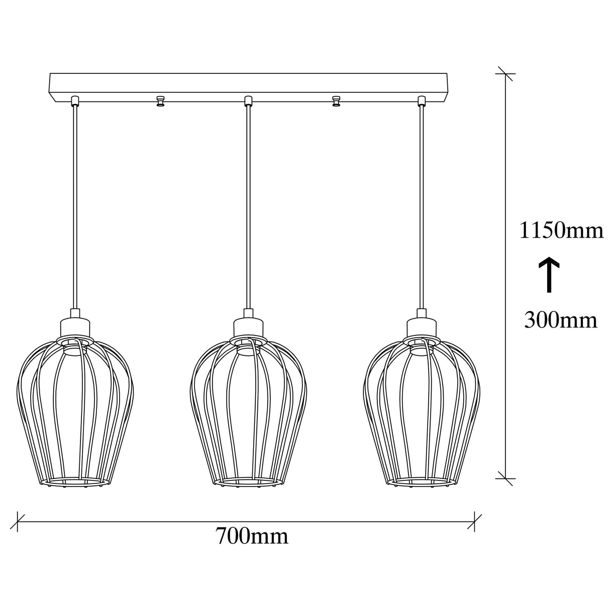 Suspension 3 lumières Noir Métal Predator