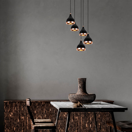 Suspension 5 lumières Échelonnée Noir Cuivre Métal Prise