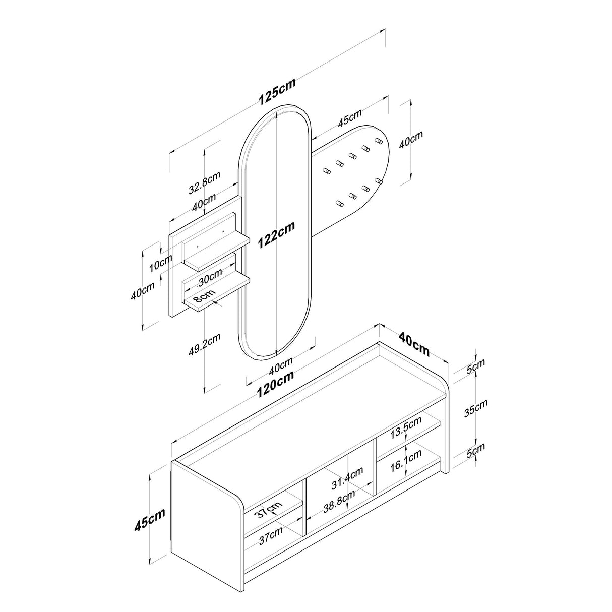 Ensemble de meubles Porte-manteau - Miroir - Meuble à chaussures - Mélamine Blanc-Noyer