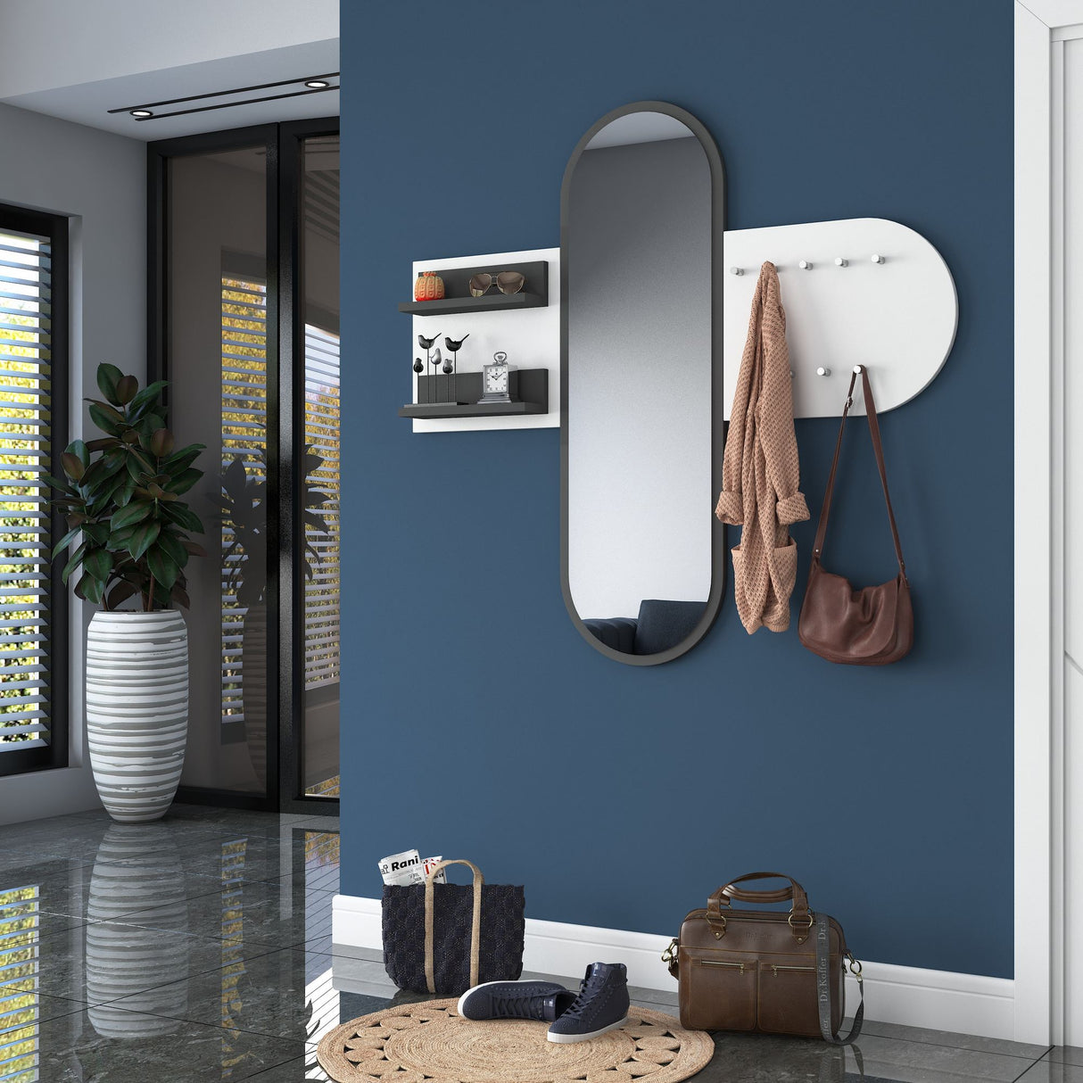 Porte-manteau Blanc Mélamine 9 Crochets - Avec Miroir - Deux Étagères