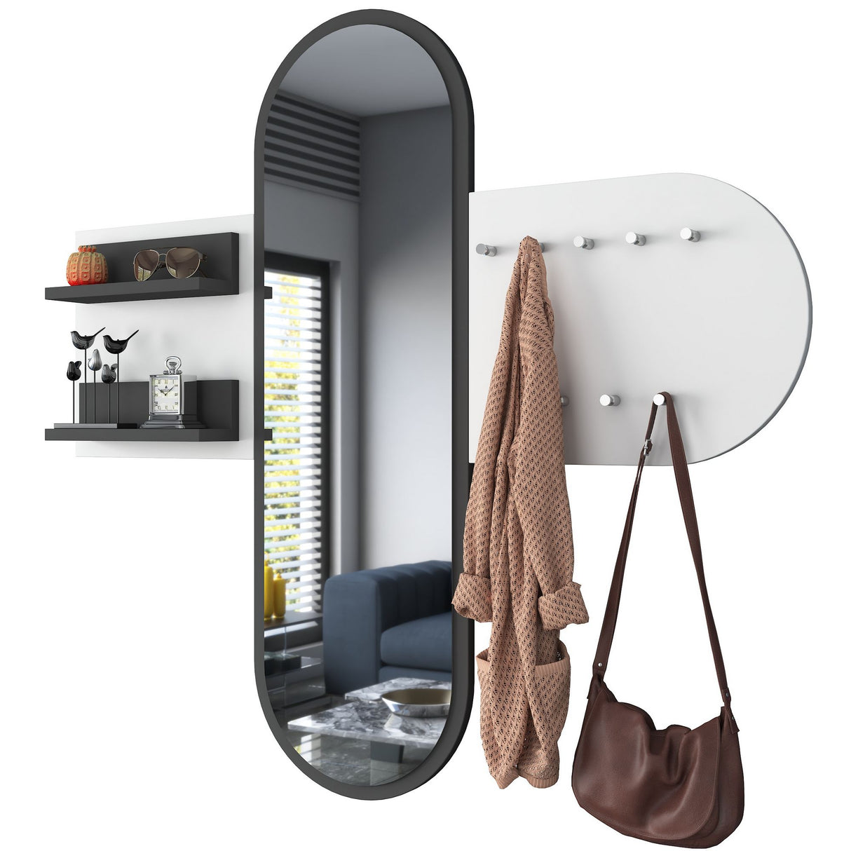 Porte-manteau Blanc Mélamine 9 Crochets - Avec Miroir - Deux Étagères