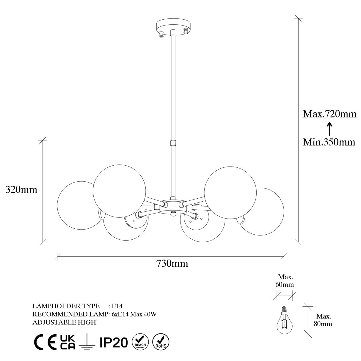 Suspension 6 lumières en bronze avec abat-jour blanc en métal Flint