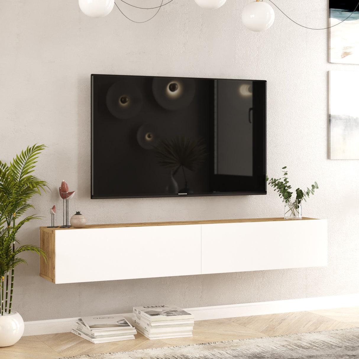 TV Meubels - Zwevend TV Meubel Turin Atlantisch Dennenhout Wit Melamine 180x29,6x31,6 cm - Dimehouse