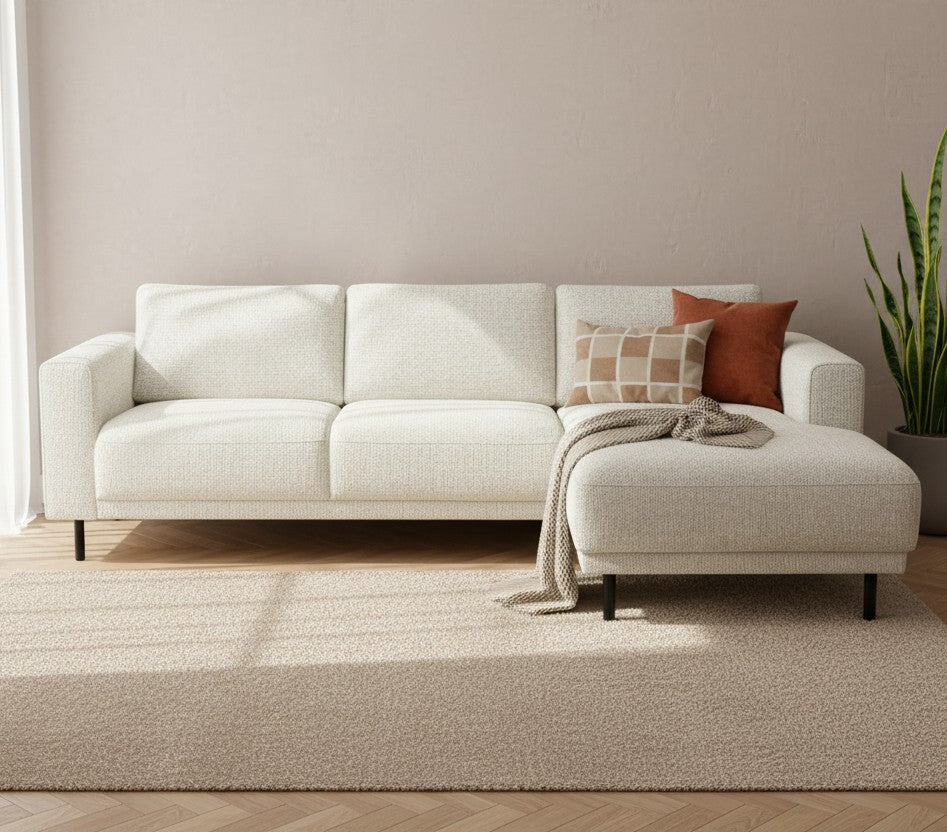 Canapé d'angle moderne droit beige en tissu Aniko avec chaise longue 238x142x78 cm