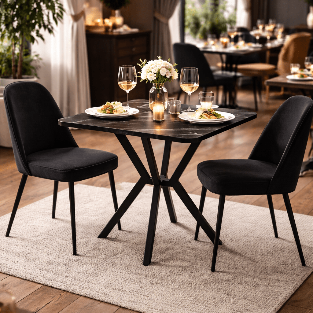 Table à manger bistro en mélamine aspect marbre noir - 70x70 cm - Elmo