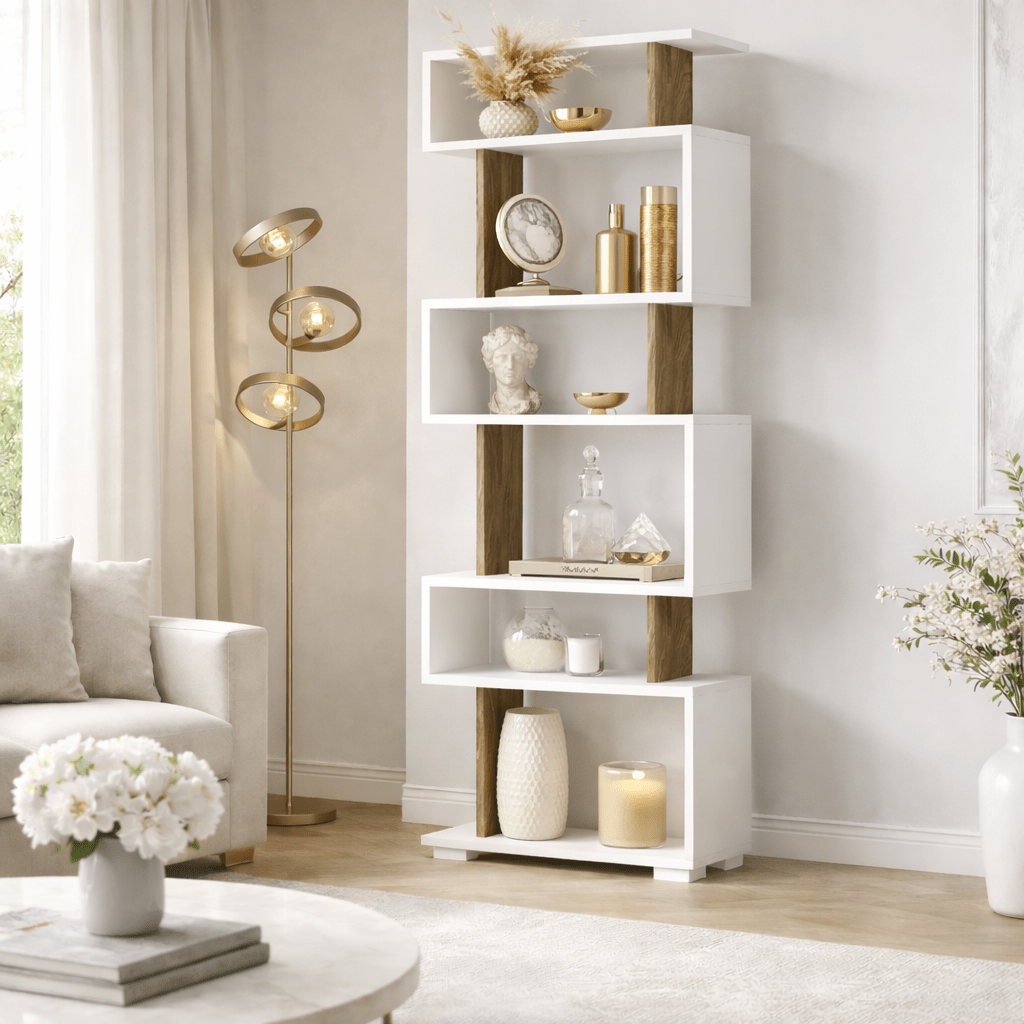 Etagère design blanche avec mélamine noyer Block 60x165x19,5 cm
