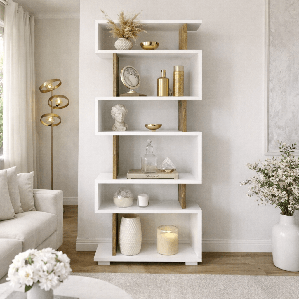 Etagère design blanche avec mélamine noyer Block 60x165x19,5 cm