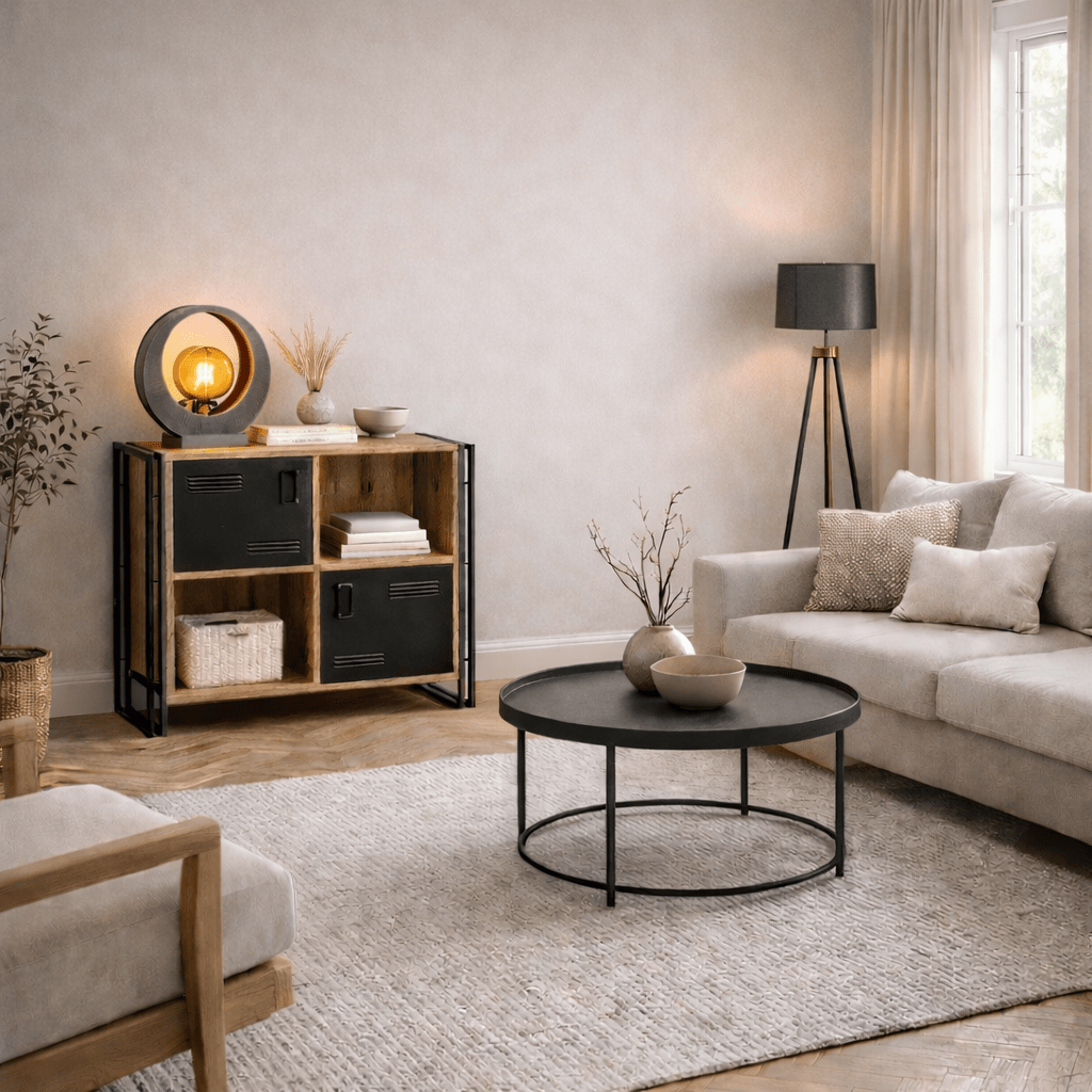 Boekenkasten - Industrieel dressoir dennenhout melamine zwart metaal Cosmo 89x89x35 cm - Dimehouse