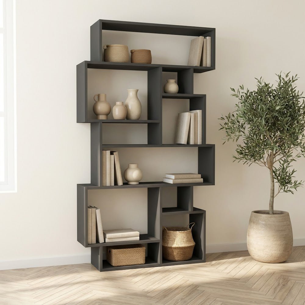 Boekenkasten - Asymmetrische boekenkast antraciet melamine Karmato 96x168,5x25,5 cm - Dimehouse